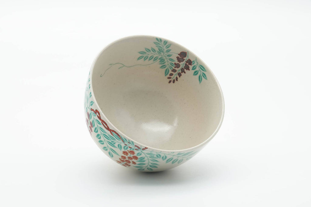 Japanese Matcha Bowl - Green Red Floral Kyo-yaki Chawan - 400ml