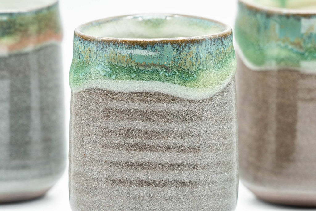 Japanese Teacup - Set of 3 Triangular-Shaped Green Drip-Glazed Yunomi - 90ml