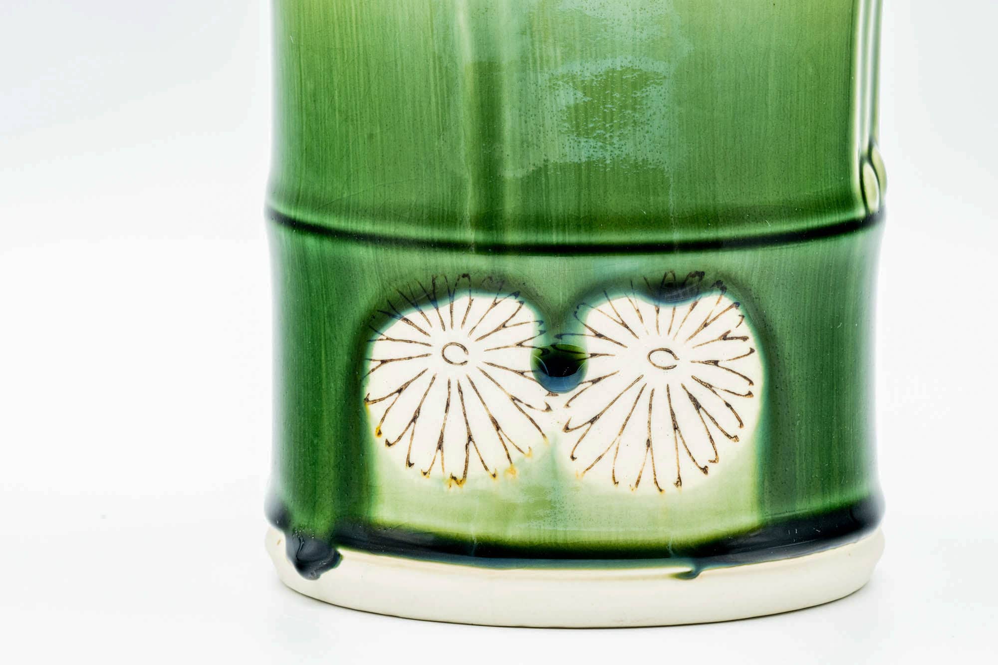 Japanese Mizusashi - Green Drip-Glazed Bamboo-Shaped Fresh Water Container - 1100ml