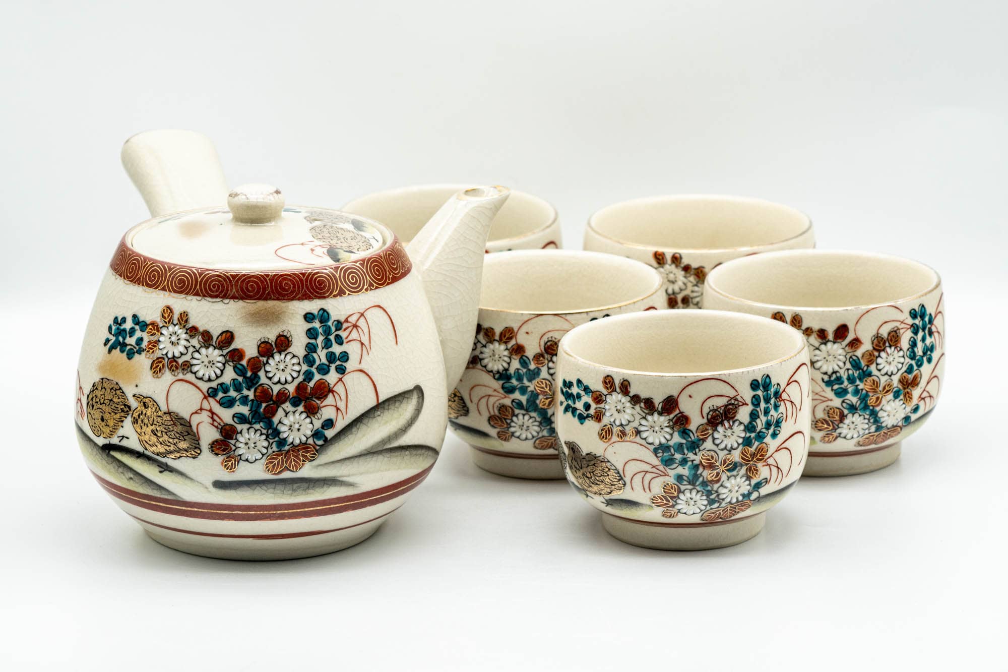 Japanese Tea Set - Gold Red Floral Kutani-yaki Kyusu Teapot with 5 Yunomi Teacups
