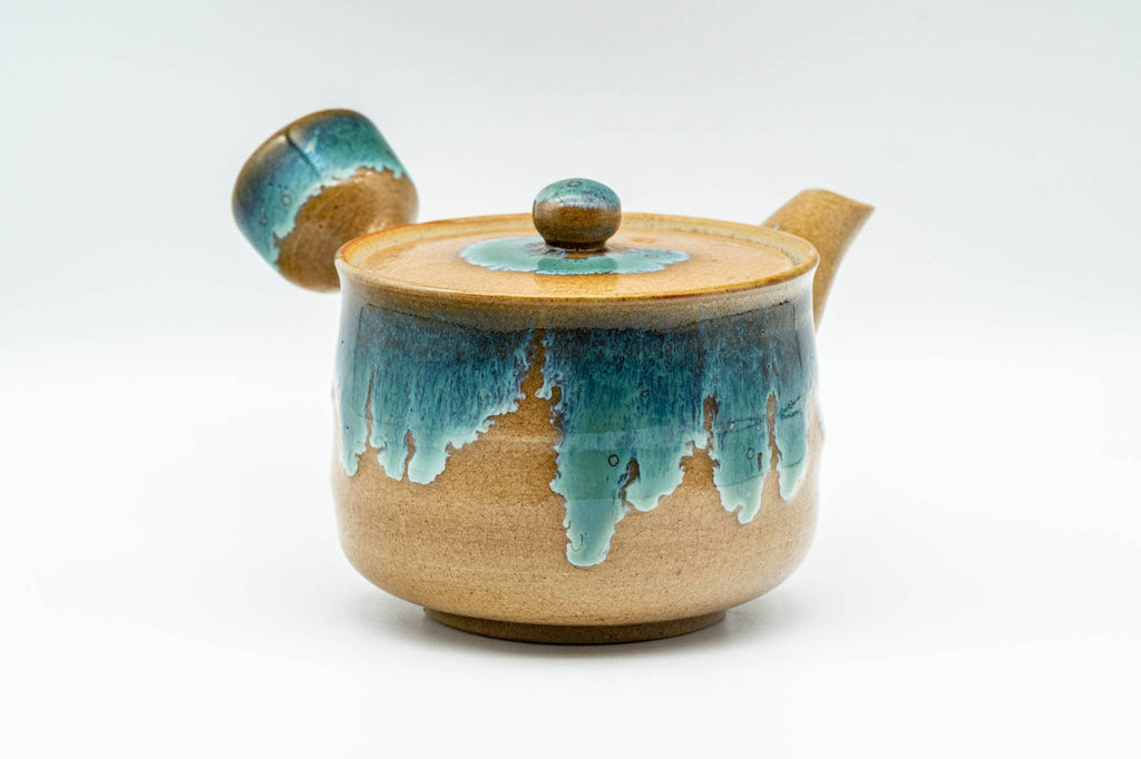 Japanese Tea Set - Agano-yaki Blue Drip-Glazed Do-ake Kyusu Teapot with 2 Yunomi Teacups