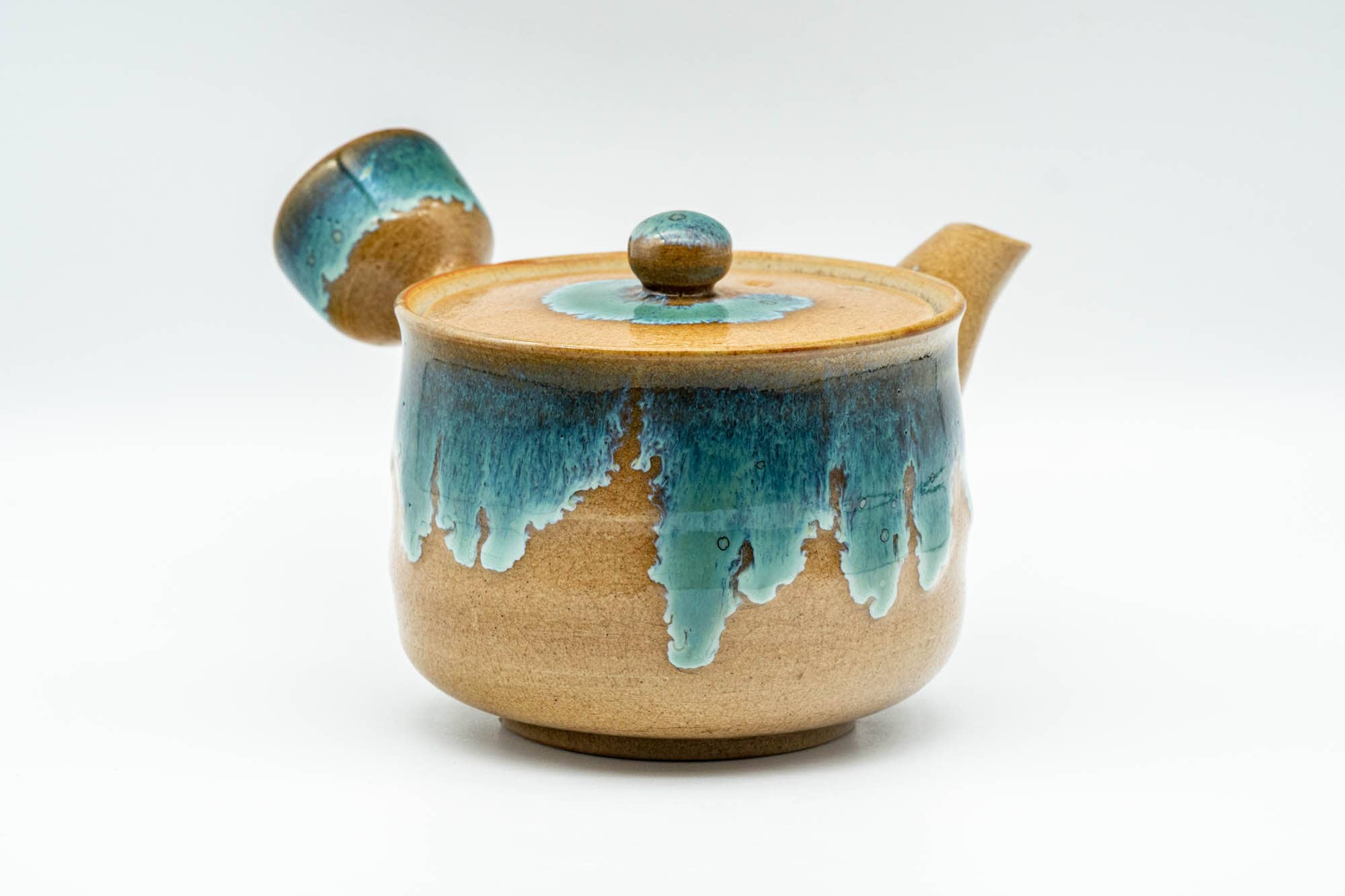 Japanese Tea Set - Agano-yaki Blue Drip-Glazed Do-ake Kyusu Teapot with 2 Yunomi Teacups