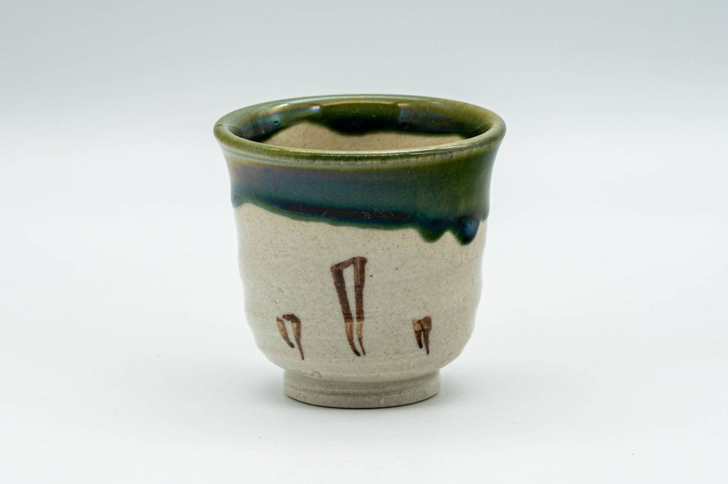 Japanese Teacup - Beige Green Drip-Glazed Geometric Oribe-yaki Yunomi - 70ml