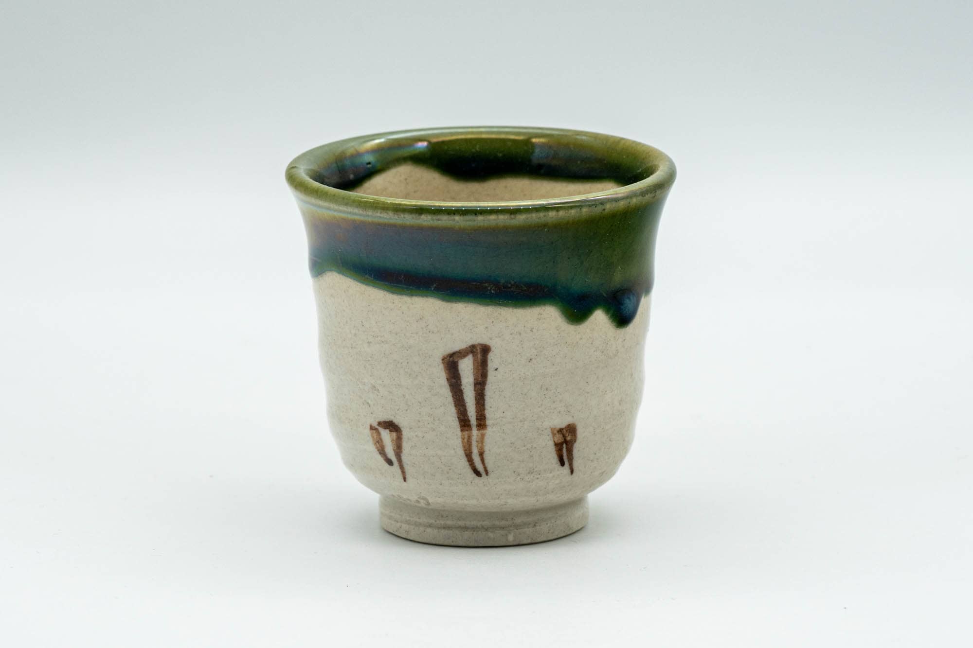Japanese Teacup - Beige Green Drip-Glazed Geometric Oribe-yaki Yunomi - 70ml