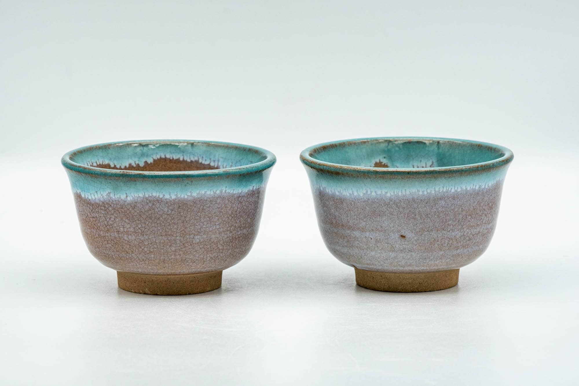 Japanese Teacups - Pair of Brown Turquoise Drip-Glazed Agano-yaki Yunomi - 100ml