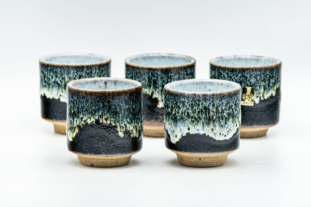 Japanese Teacups - Set of 5 Jet Black Blue Drip-Glazed Yunomi - 80ml