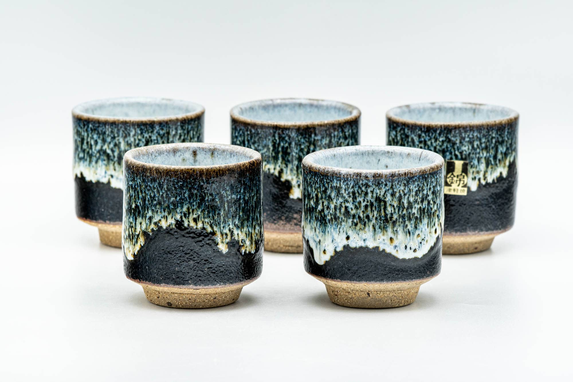 Japanese Teacups - Set of 5 Jet Black Blue Drip-Glazed Yunomi - 80ml