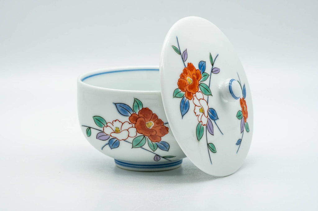 Japanese Teacup - Colourful Floral White Porcelain Arita-yaki Lidded Yunomi - 130ml