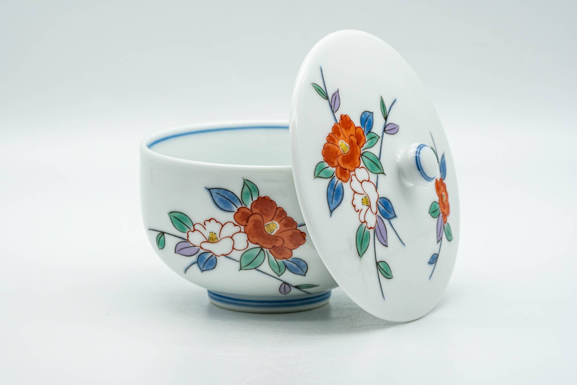 Japanese Teacup - Colourful Floral White Porcelain Arita-yaki Lidded Yunomi - 130ml