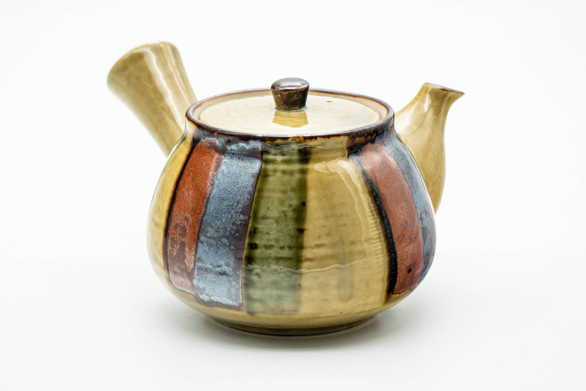 Japanese Kyusu - Beige Colourfully Striped Ceramic Filter Teapot - 400ml
