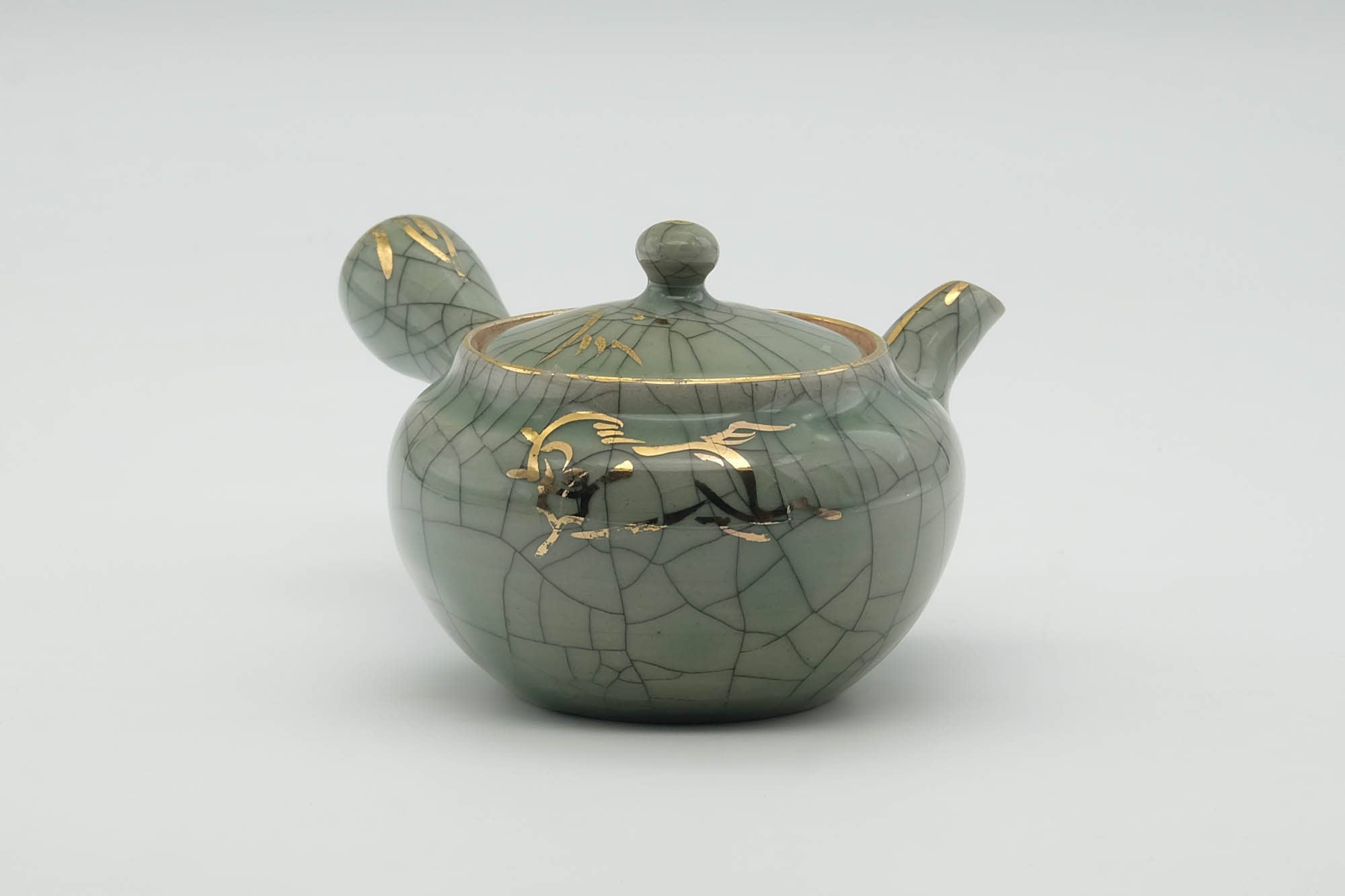 Japanese Kyusu - Golden Horse Green Celadon Glazed Obori Soma-yaki Porcelain Teapot - 200ml