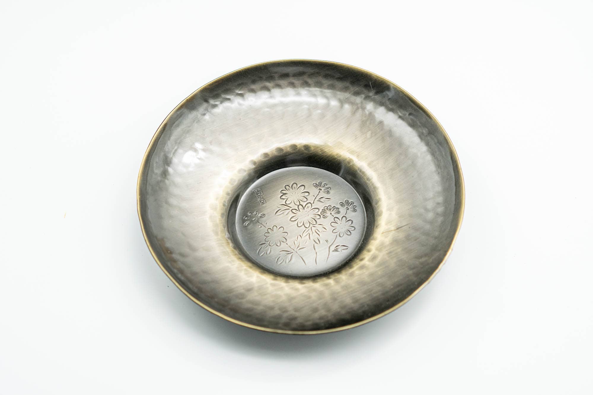 Japanese Chataku - Set of 5 Hammered Brass Uniquely Engraved Tea Saucers with Chasaji Tea Scoop in Wooden Box
