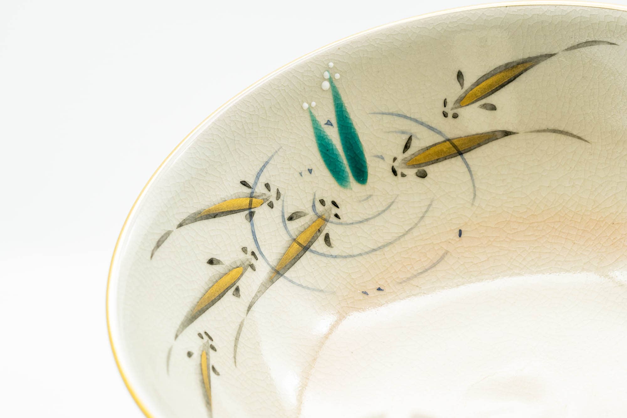 Japanese Matcha Bowl - Beige Gold Pond Leaves Kyo-yaki Summer Chawan - Juraku  寿楽 - 200ml