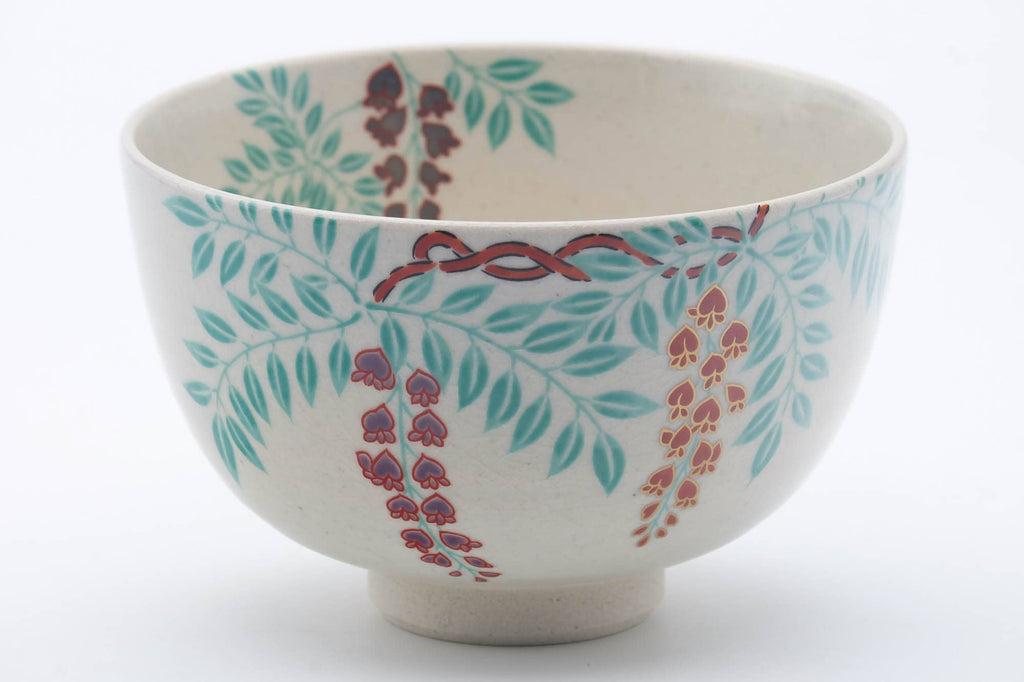 Japanese Matcha Bowl - Green Red Floral Kyo-yaki Chawan - 400ml