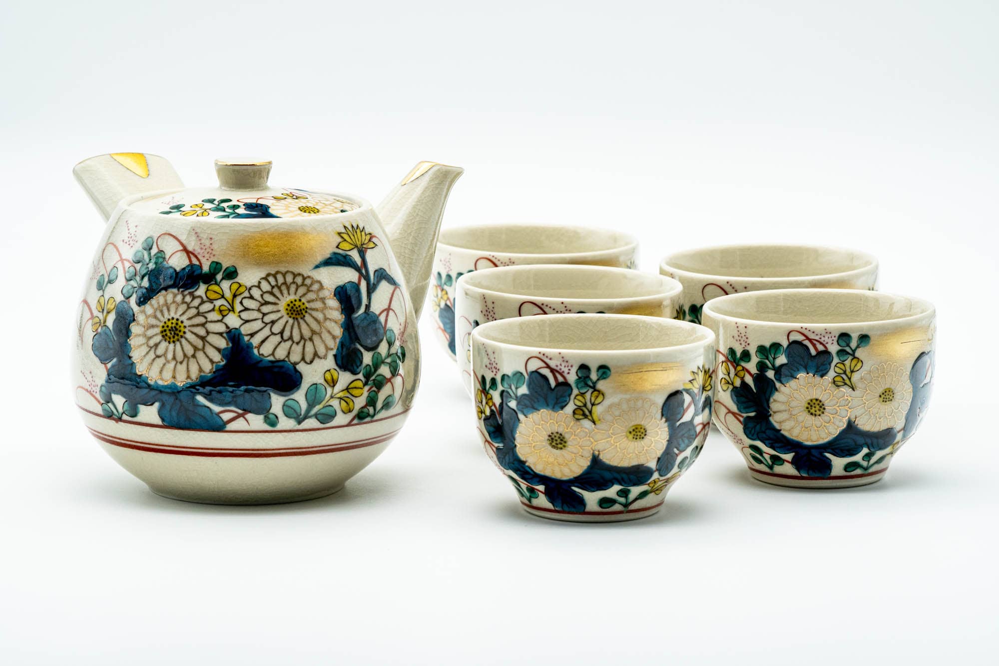 Japanese Tea Set - Beige Blue Floral Kutani-yaki Kyusu Teapot with 5 Yunomi Teacups