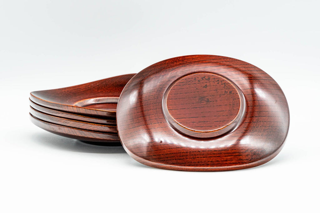 Japanese Chataku - Set of 5 Elliptical Wooden Lacquered Tea Saucers