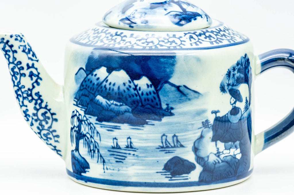 Japanese Kyusu - Blue Geometric Mountainous Motif Porcelain Do-ake Ushirode Teapot - 550ml