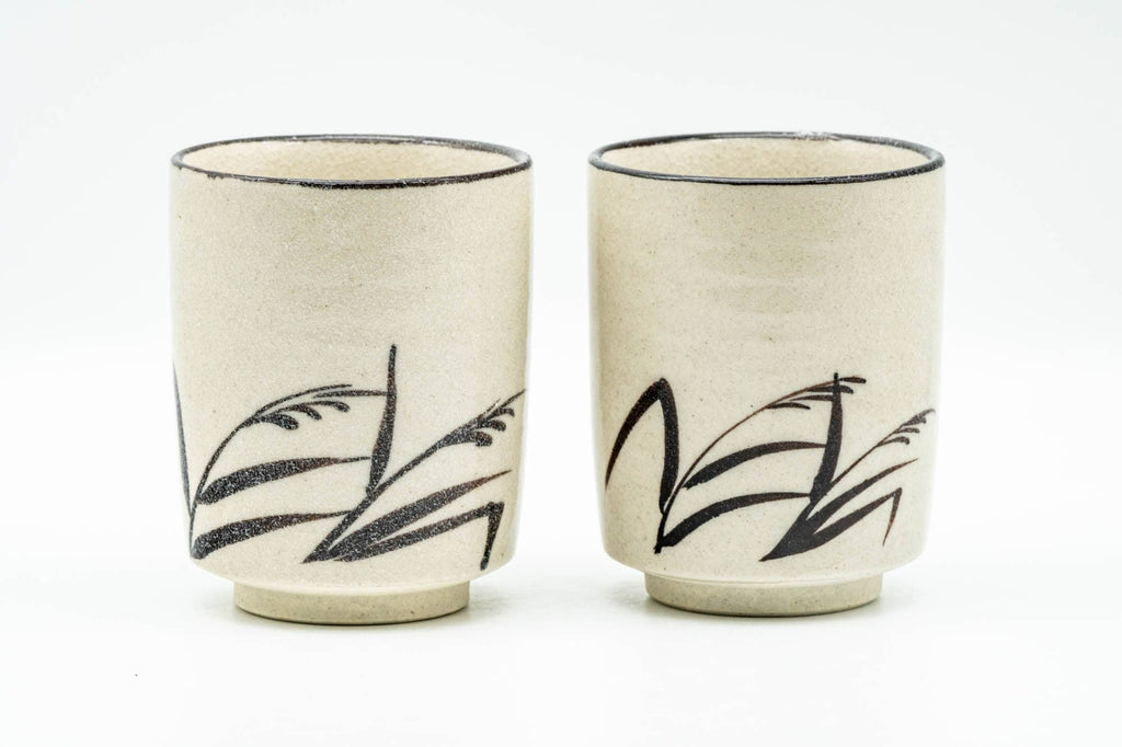 Japanese Teacups - Pair of Beige Long Grass Yunomi - 110ml