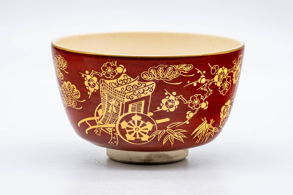 Japanese Matcha Bowl - Bamboo Floral Gold Red Kyo-yaki Chawan - 250ml