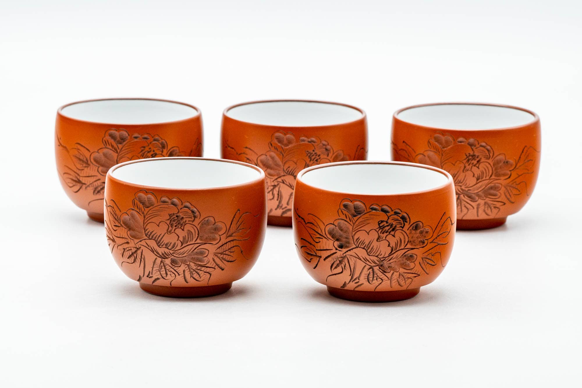Japanese Tea Set - Floral Engraved Tokoname-yaki Kyusu Teapot with 5 White Inner-Glazed Yunomi Teacups