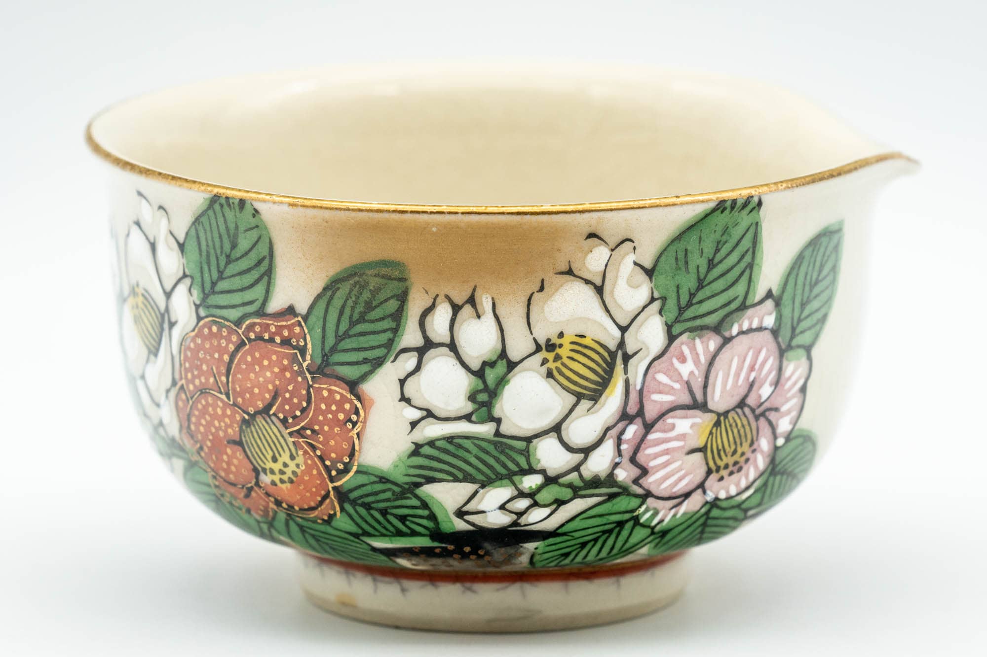 Japanese Katakuchi - Beige Floral Kutani-yaki Porcelain Water Cooler - 100ml