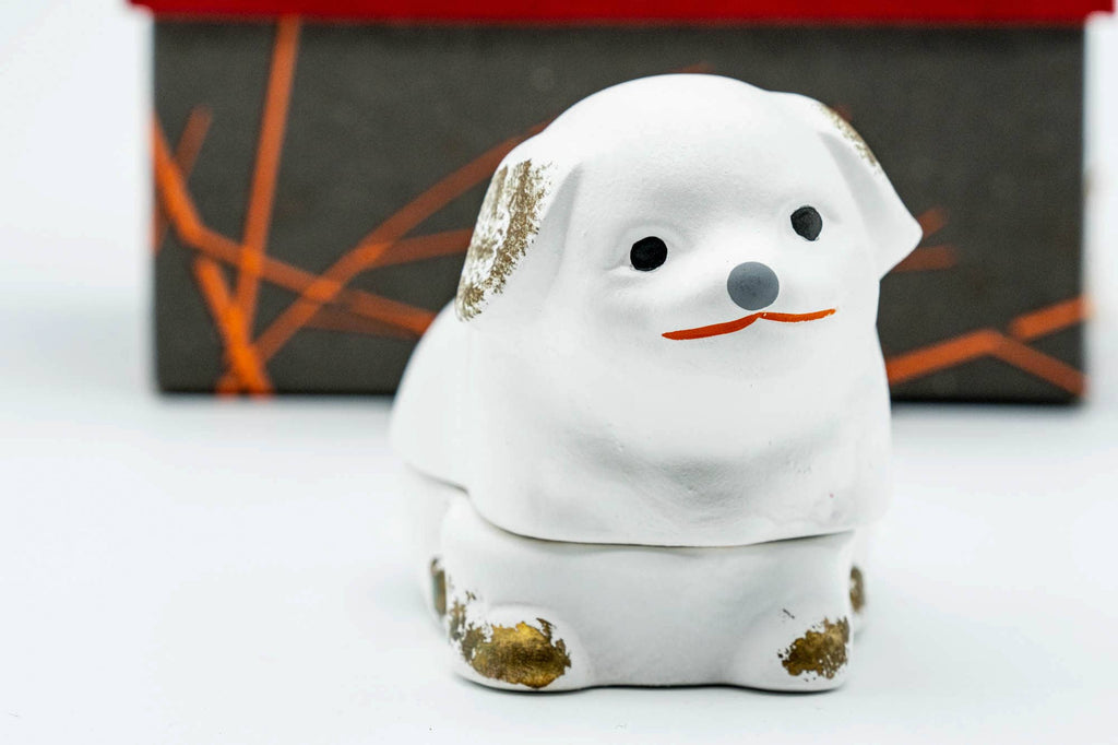 Japanese Kogo - Cute White Dog Ceramic Incense Container