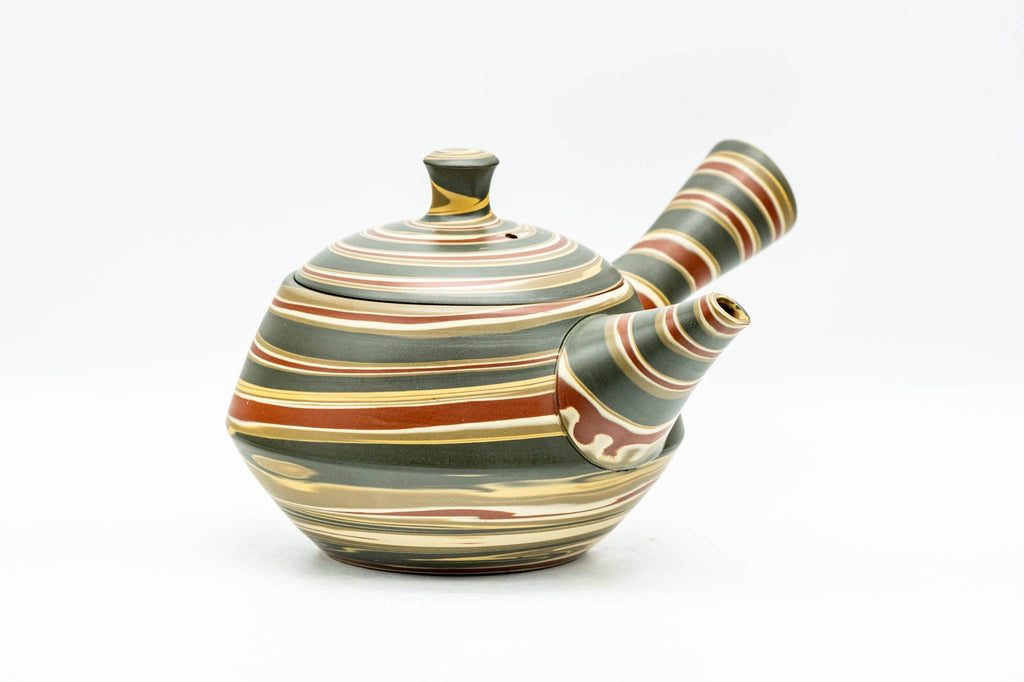 Japanese Kyusu - Green, Red, and Yellow Swirling Nerikomi Tokoname-yaki Do-ake Teapot - 240ml