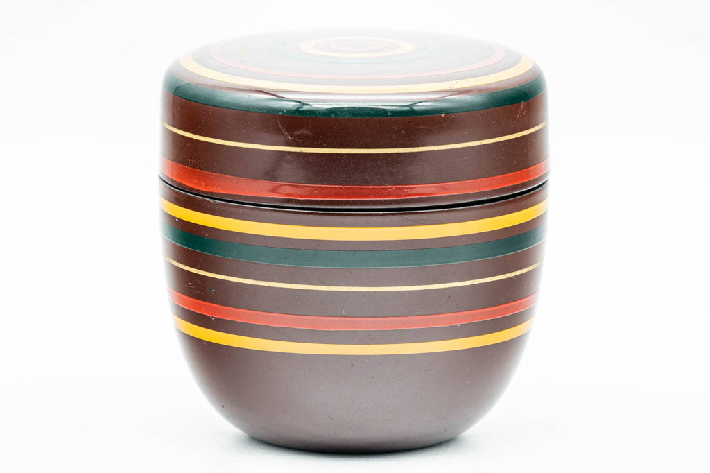 Japanese Natsume - Burgundy Green Yellow Striped Lacquer Matcha Tea Caddy - 100ml