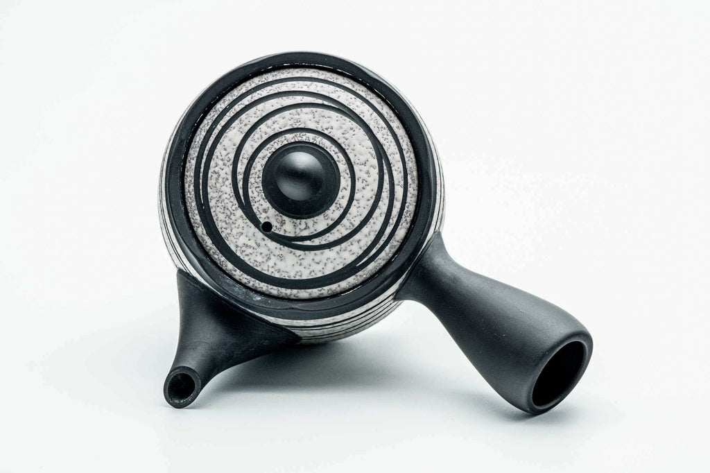 Japanese Kyusu - Black Striped White Textured Tokoname-yaki Obi-ami Mesh Teapot - 360ml
