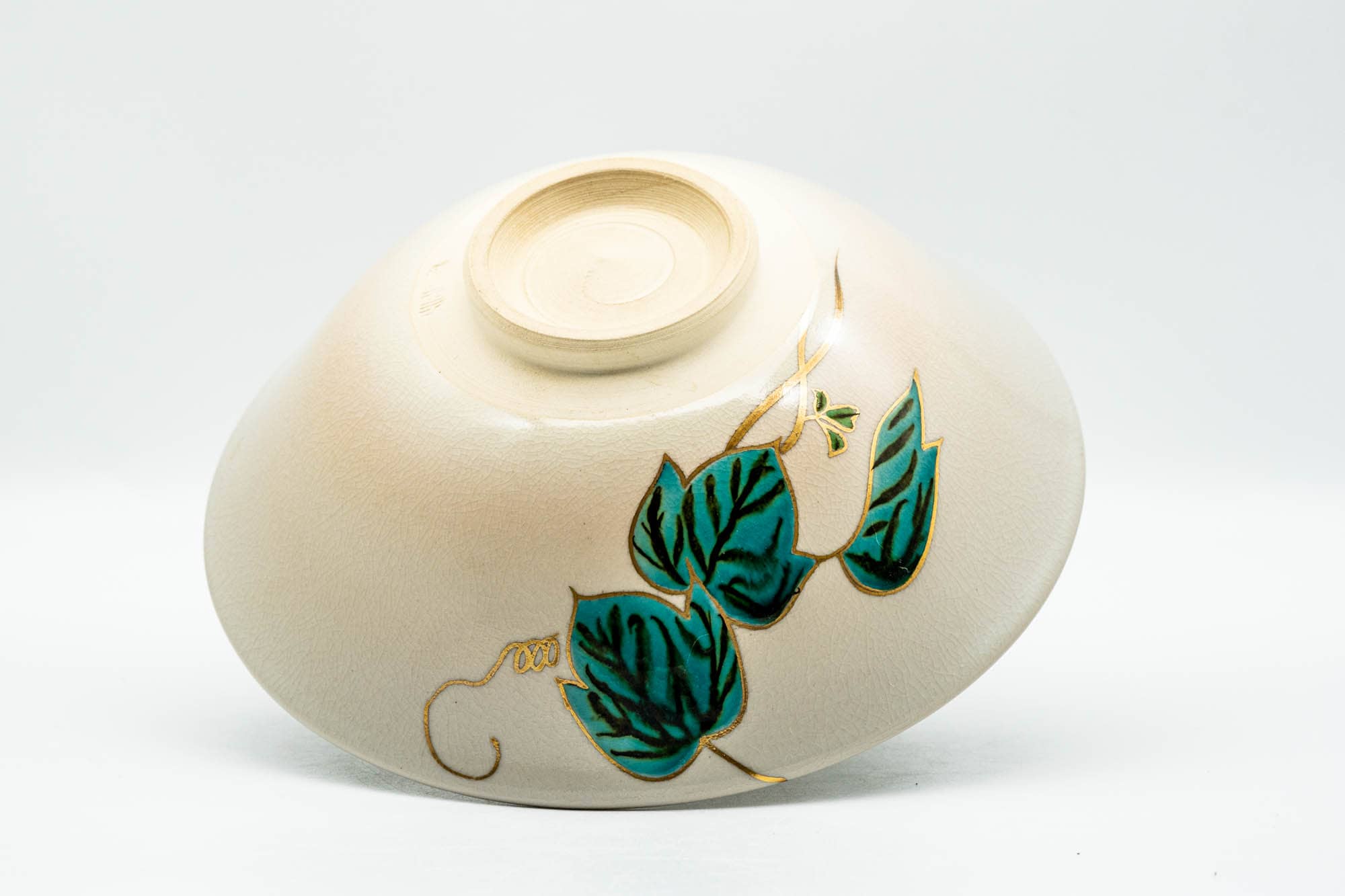Japanese Matcha Bowl - Gold Green Leaves Kyo-yaki Summer Chawan - 150ml