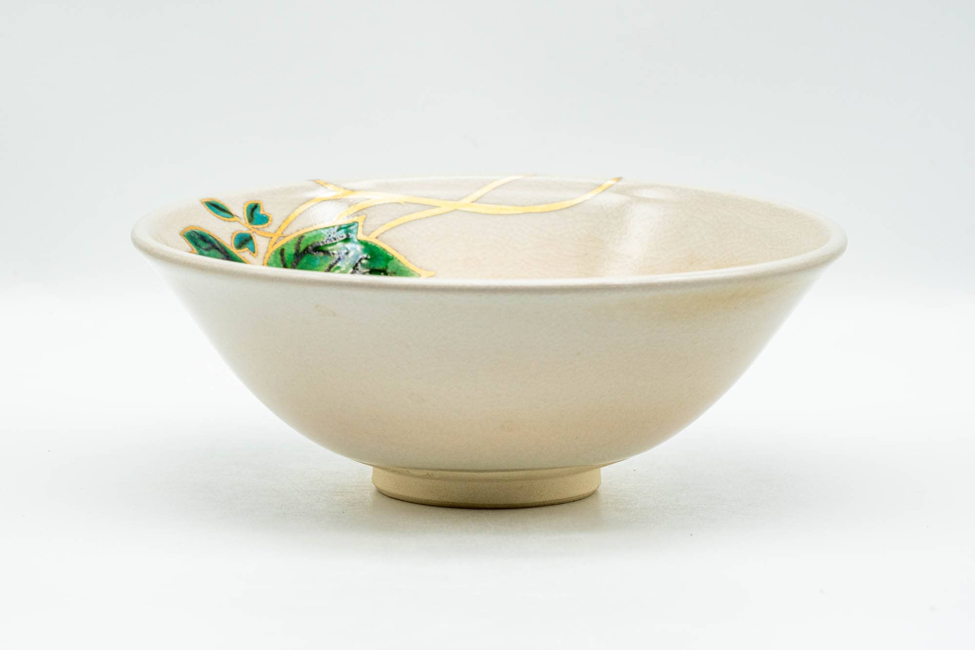 Japanese Matcha Bowl - Gold Green Leaves Kyo-yaki Summer Chawan - 150ml