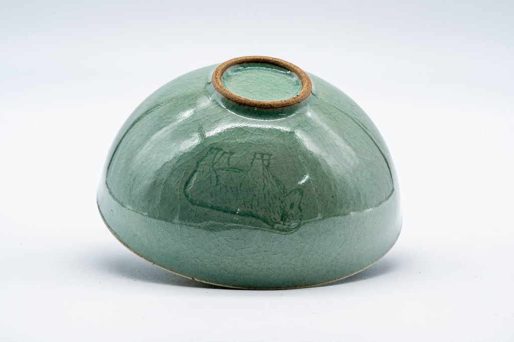 Japanese Matcha Bowl - Green Celadon Glazed Floral Egret Chawan - 150ml