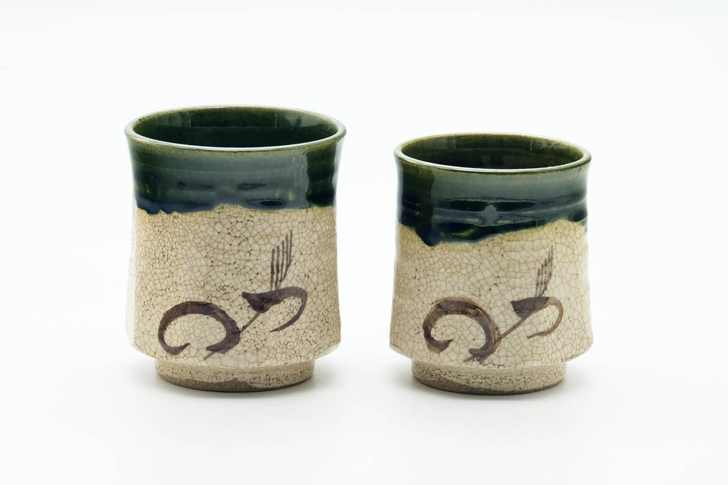Japanese Teacup - Pair of Beige Green Drip-Glazed Oribe-yaki Meoto Yunomi