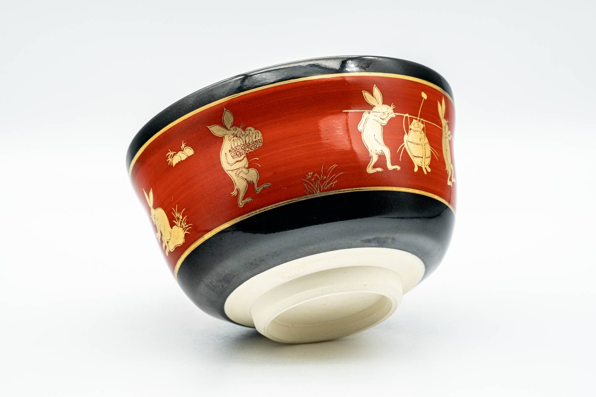 Japanese Matcha Bowl - Gold Bunny Rabbits Black Red Glazed Kyo-yaki Chawan - 350ml
