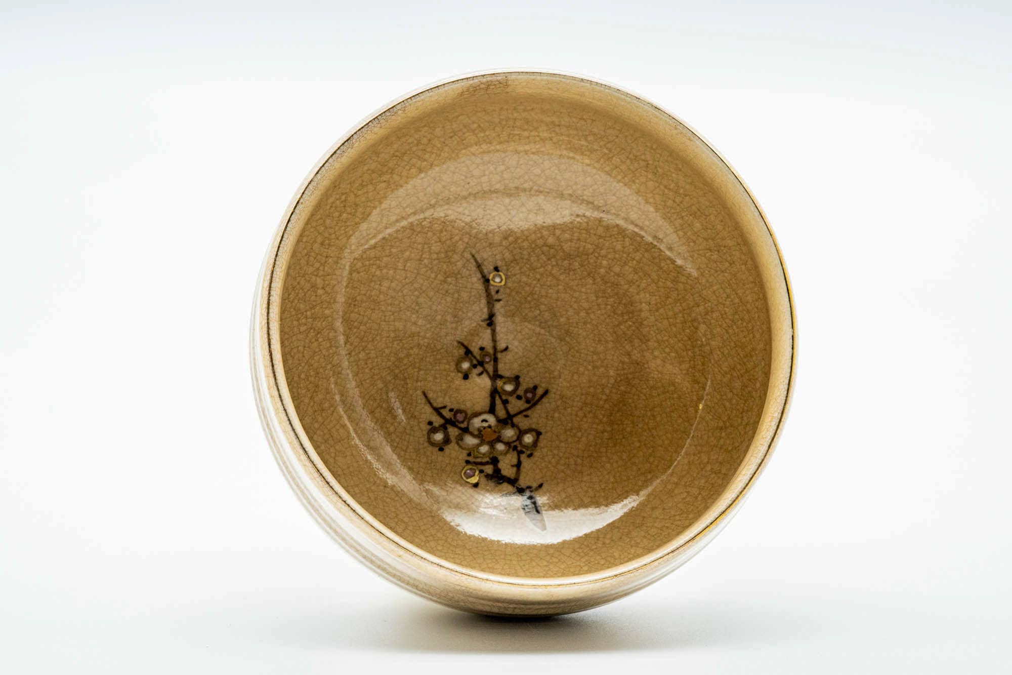 Japanese Matcha Bowl - Floral Beige Crazed Kutani-yaki Chawan - 300ml