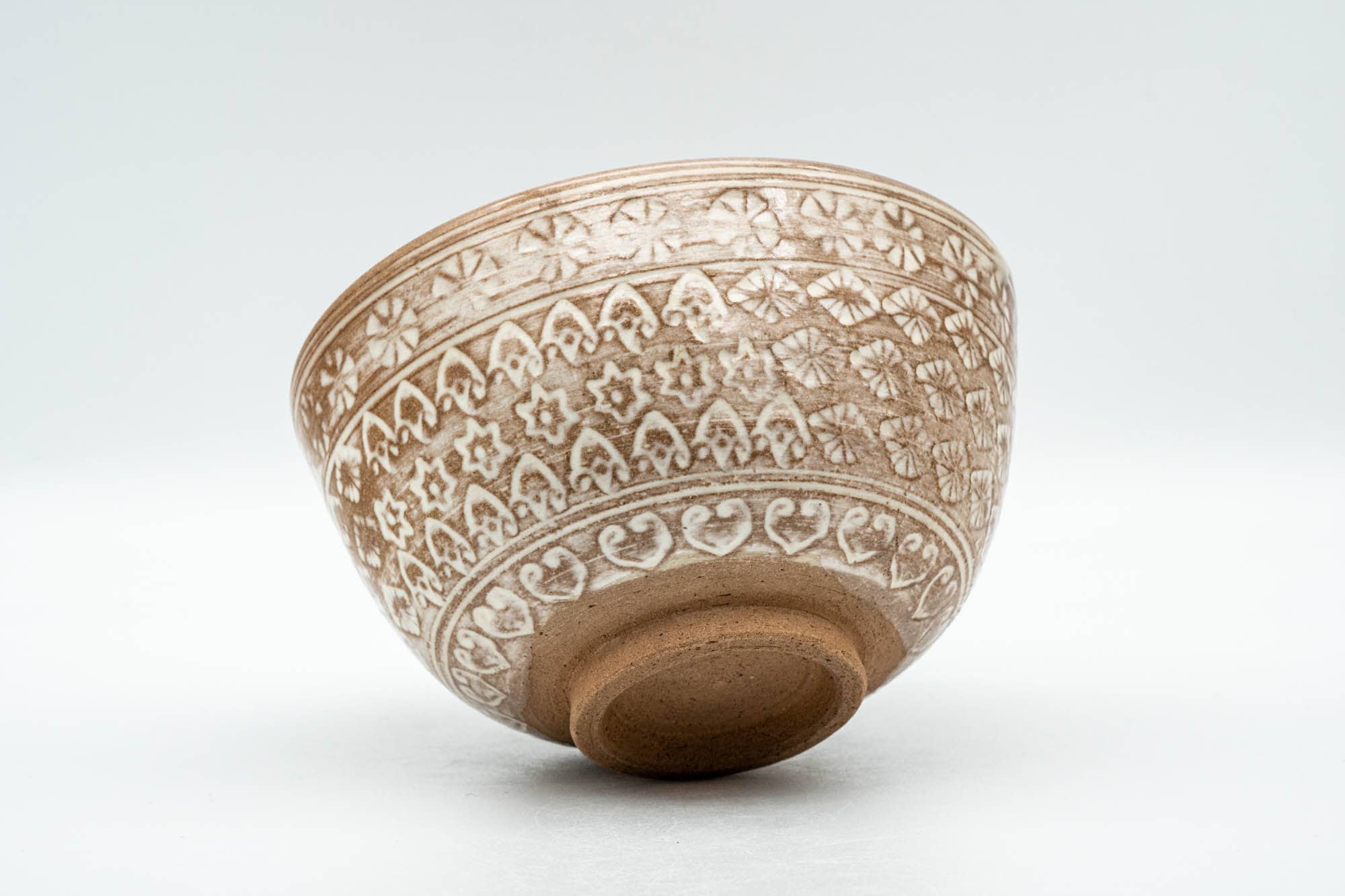Japanese Matcha Bowl - Floral Geometric White Glazed Chawan - 300ml