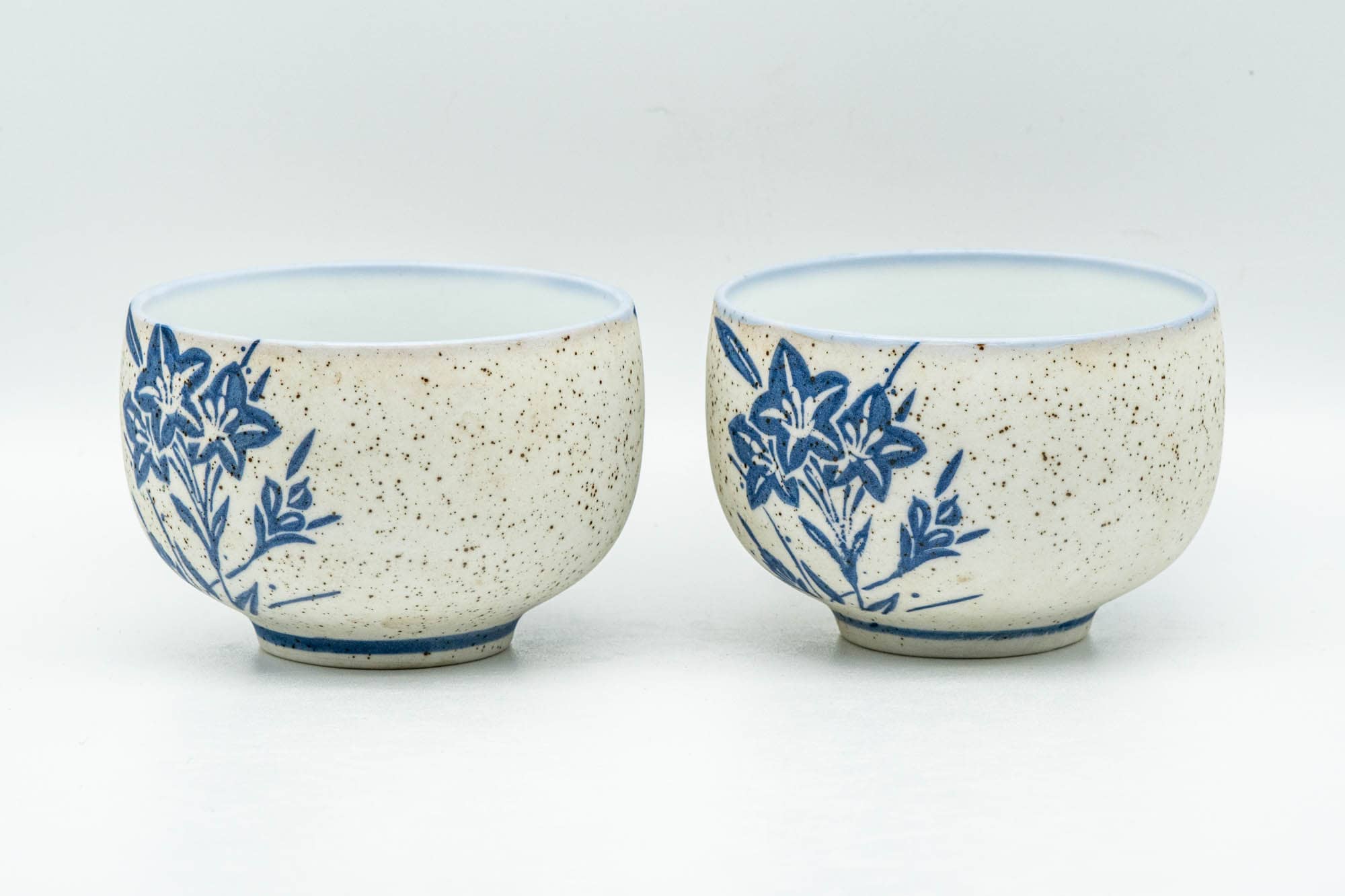 Japanese Teacups - Pair of Blue Floral Textured Arita-yaki Yunomi - 100ml