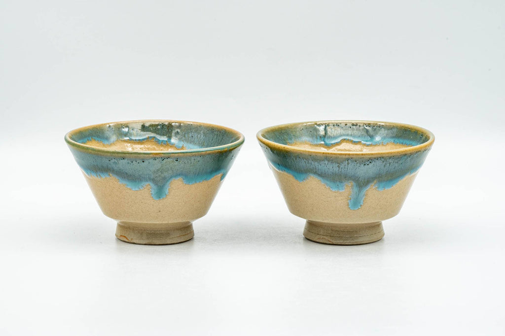 Japanese Teacups - Pair of Beige Turquoise Drip-Glazed Agano-yaki Yunomi - 70ml
