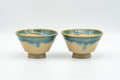 Japanese Teacups - Pair of Beige Turquoise Drip-Glazed Agano-yaki Yunomi - 70ml