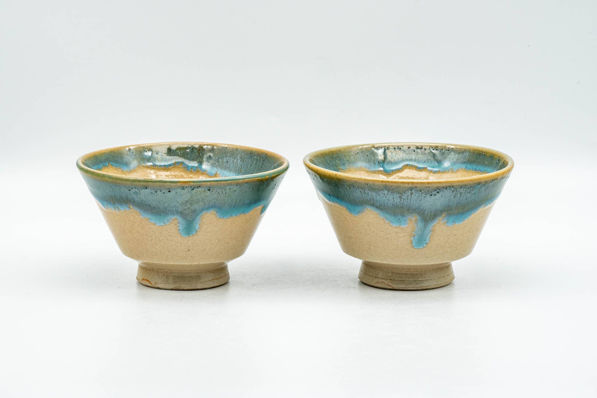 Japanese Teacups - Pair of Beige Turquoise Drip-Glazed Agano-yaki Yunomi - 70ml