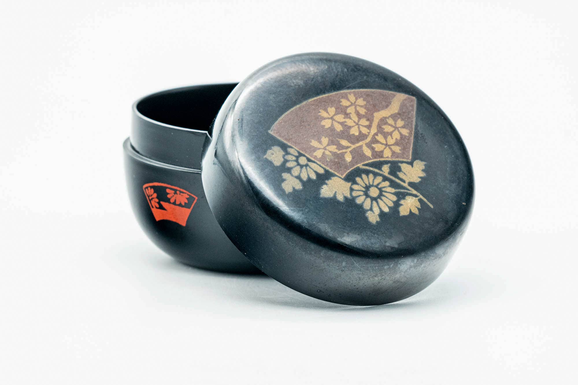 Japanese Natsume - Floral Painted Black Lacquered Matcha Tea Caddy - 70ml