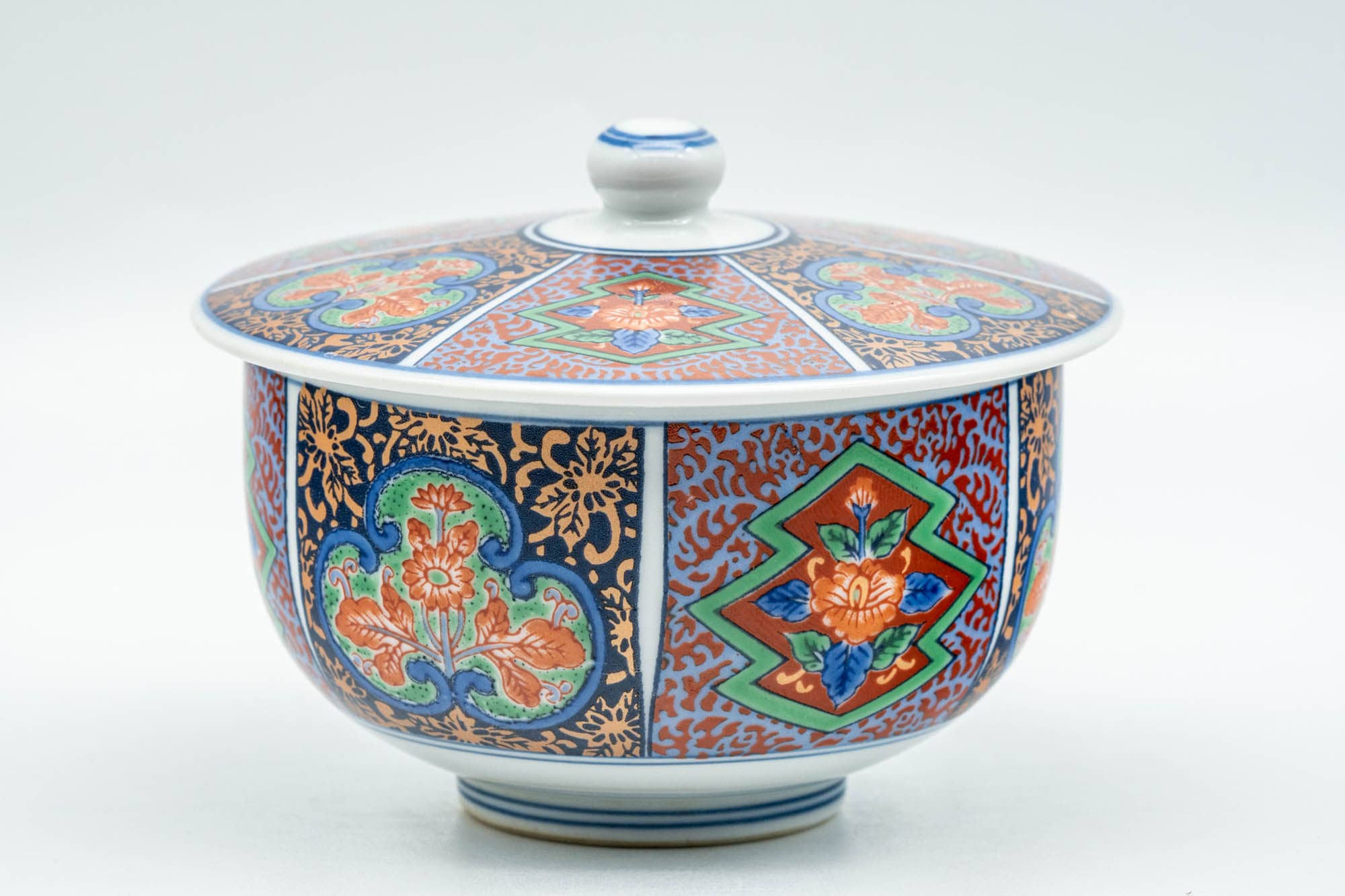Japanese Teacup - Multi-coloured Geometric Arita-yaki Lidded Yunomi - 120ml