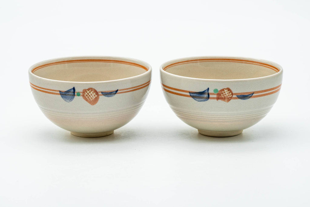 Japanese Teacups - Pair of Beige Striped Kyo-yaki Yunomi - 140ml