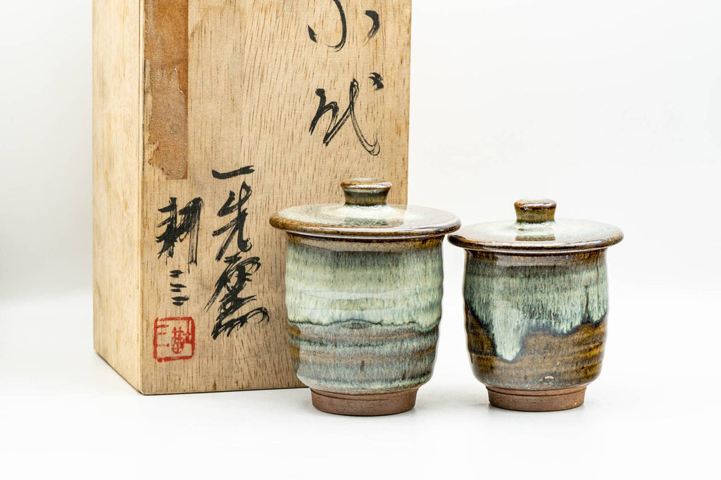 Japanese Teacups - Pair of Beige Hare's Fur Drip-Glazed Lidded Meoto Yunomi with Wooden Box