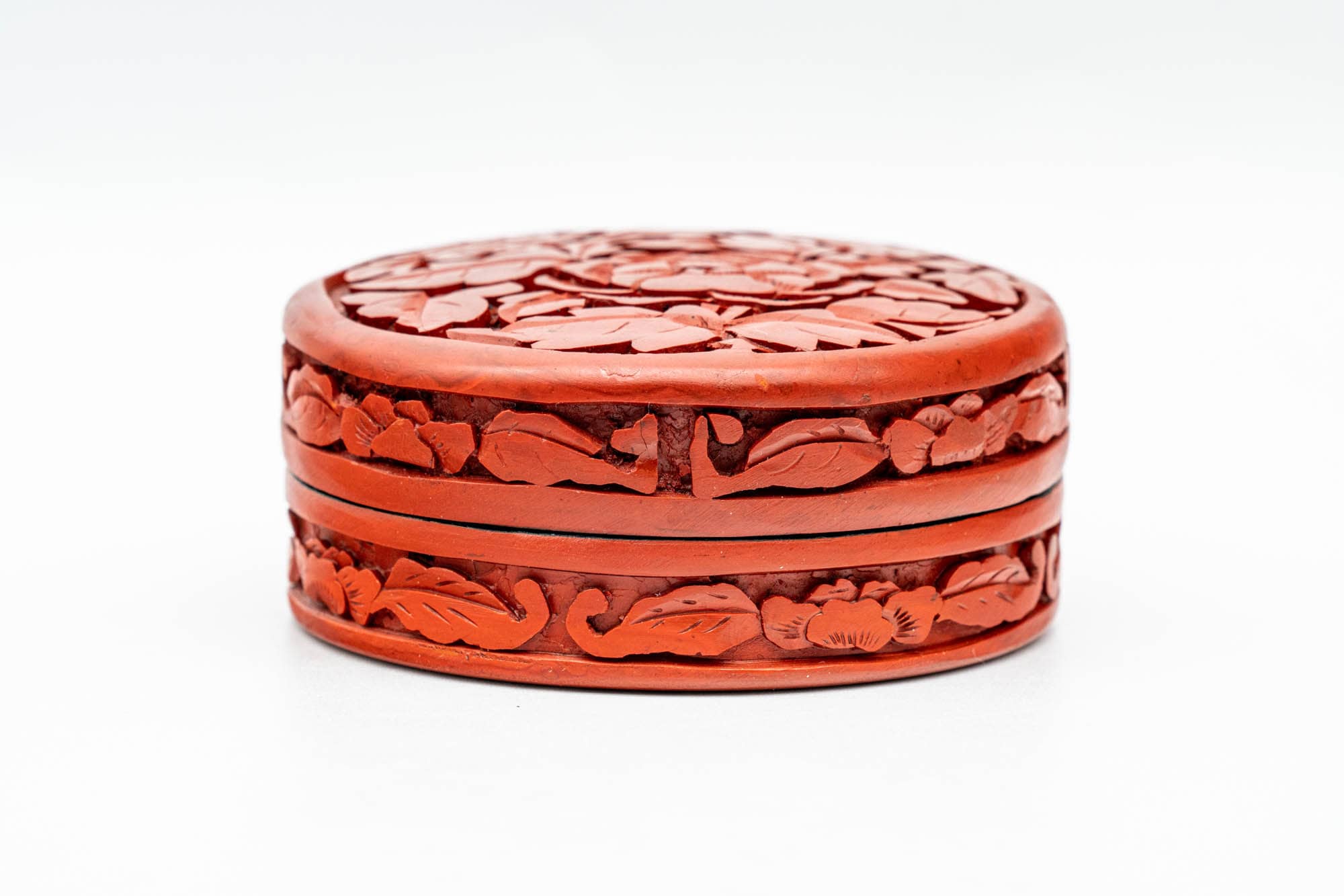 Japanese Kogo - Carved Camellia Red Black Lacquer Incense Container