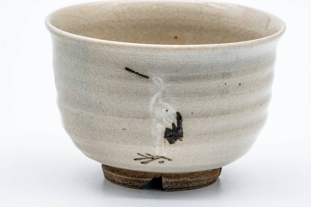 Japanese Matcha Bowl - Beige Standing Crane Thumb-indented Chawan - 200ml