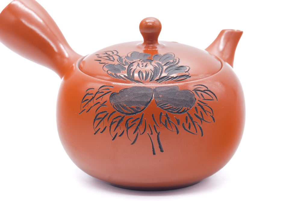 Japanese Kyusu - Engraved Floral Red Shudei Tokoname Mesh Teapot - 320ml