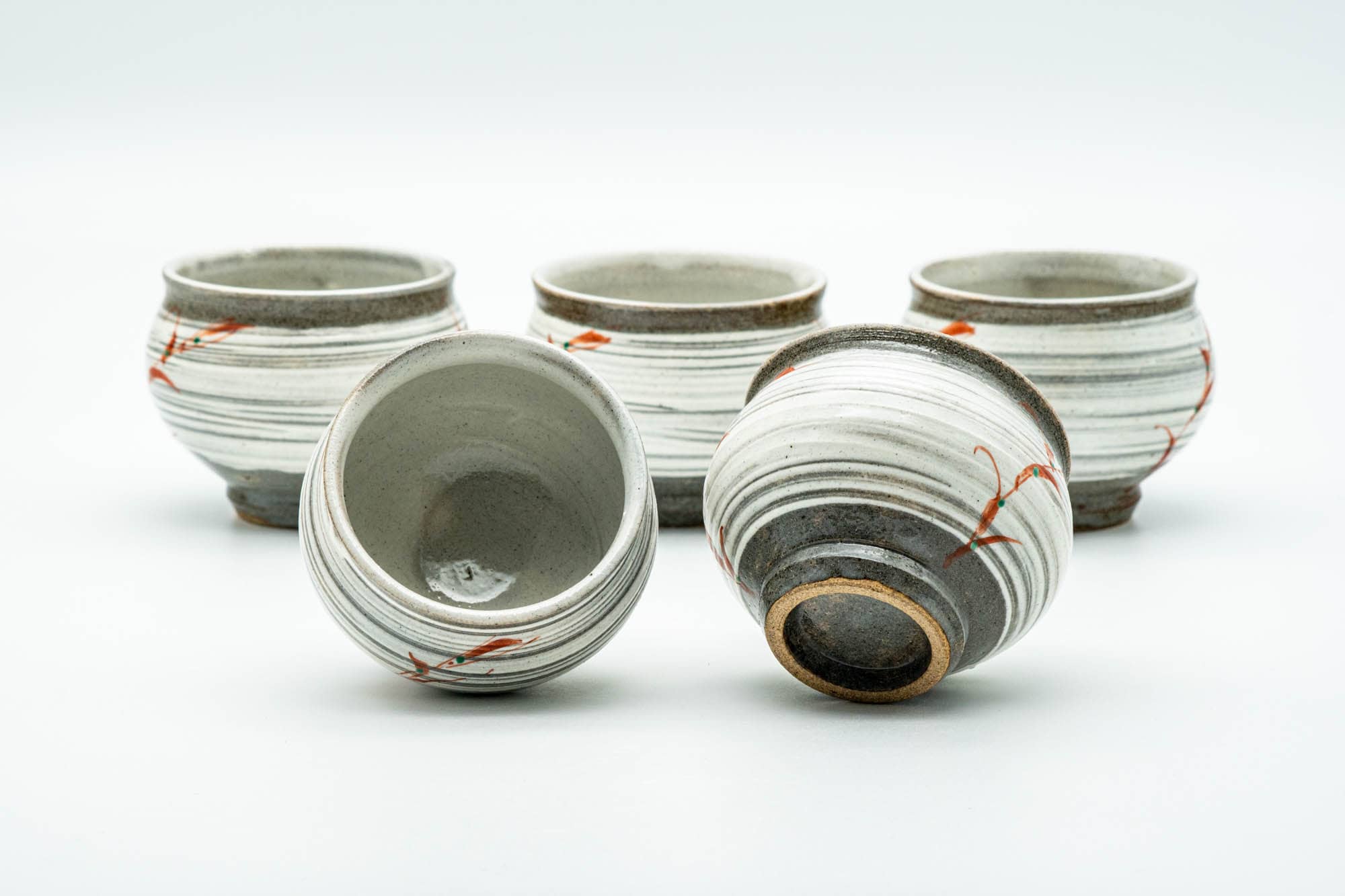 Japanese Tea Set - Grey White Hakeme Brush Glazed Kyusu Teapot with 5 Yunomi Teacups