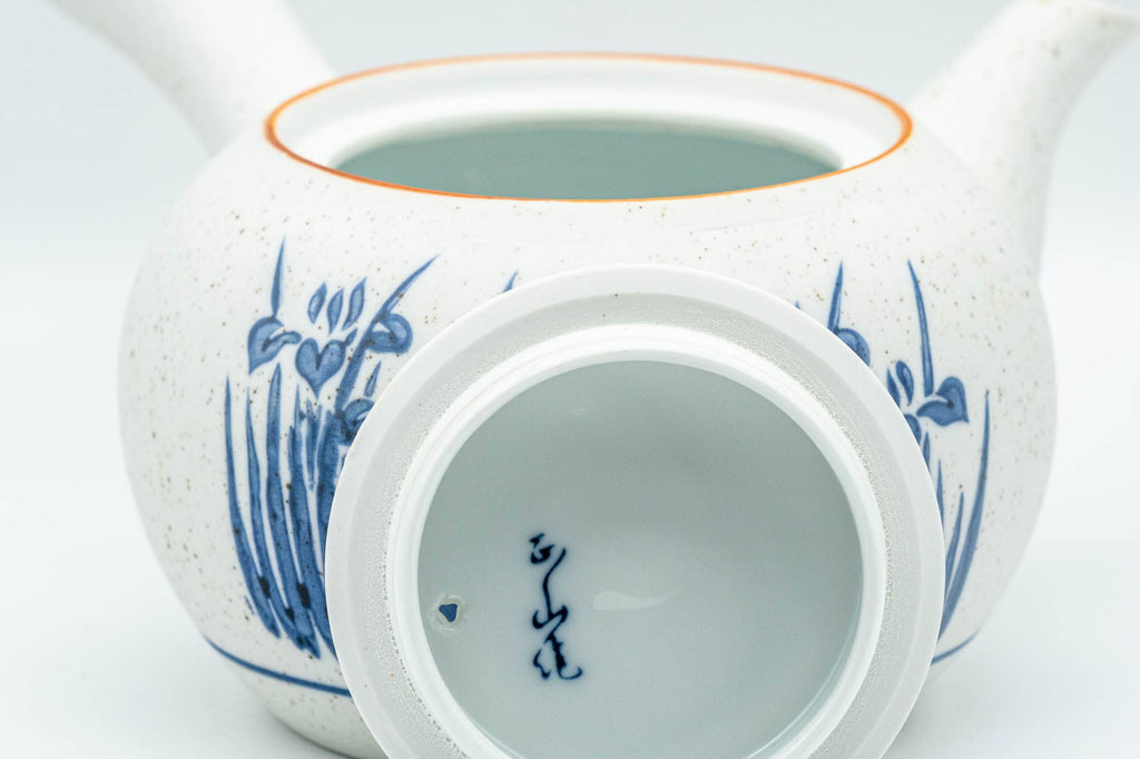 Japanese Tea Set - Blue Floral White Matte Glazed Arita-yaki Debeso Kyusu Teapot with 5 Yunomi Teacups