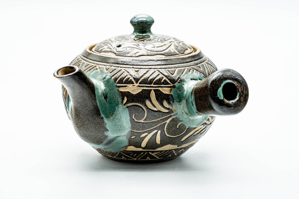 Japanese Tea Set - Floral Geometric Large Kyusu Teapot with 2 Yunomi Teacups